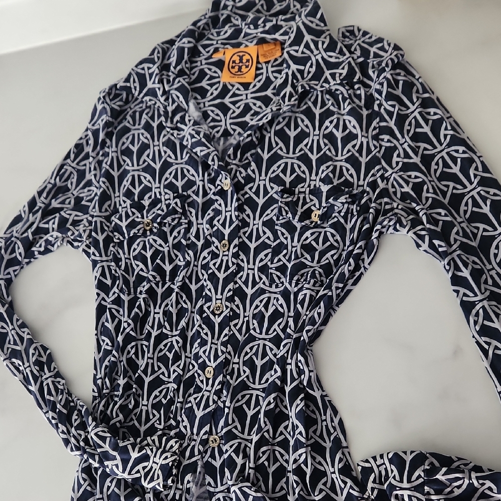 Tory Burch Navy and White SILK Geometric Shirt